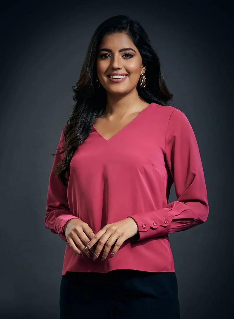 Zigzag Cuff Scalloped Chiffon  Top-Pink