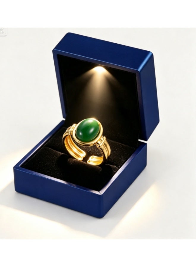 LATEEN 18K Gold Plated Stainless Steel Malachite Open Ring with Luxury LED Light Gift Box, High-End Statement Jewelry Gift for Men & Women - Image 1