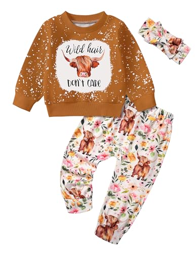 ADIFUN Baby Girl Clothes 1824 Months Girl Clothing Fall Winter Outfits Wild Hair Dont Care Cow Brown Sweatshirt Flower Pants Western Cowgirl Outfit - Image 1
