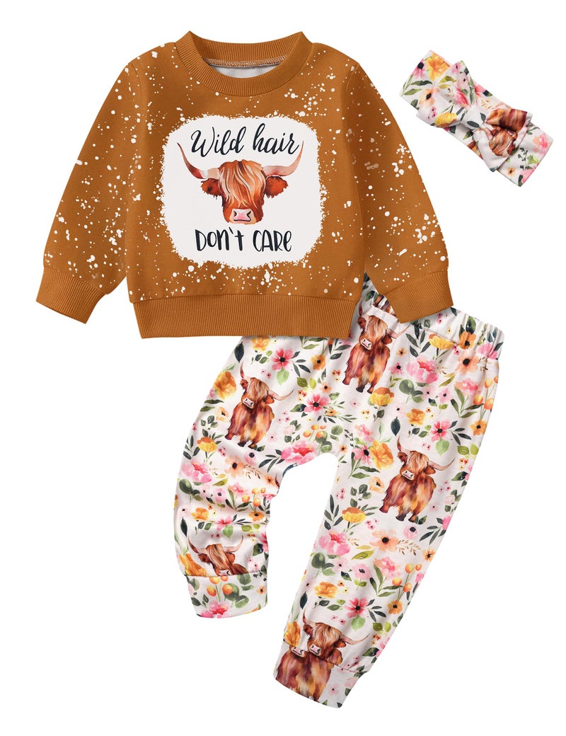 ADIFUN Baby Girl Clothes 1824 Months Girl Clothing Fall Winter Outfits Wild Hair Dont Care Cow Brown Sweatshirt Flower Pants Western Cowgirl Outfit - Image 2