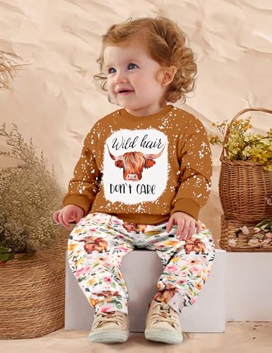 ADIFUN Baby Girl Clothes 1824 Months Girl Clothing Fall Winter Outfits Wild Hair Dont Care Cow Brown Sweatshirt Flower Pants Western Cowgirl Outfit - Image 3
