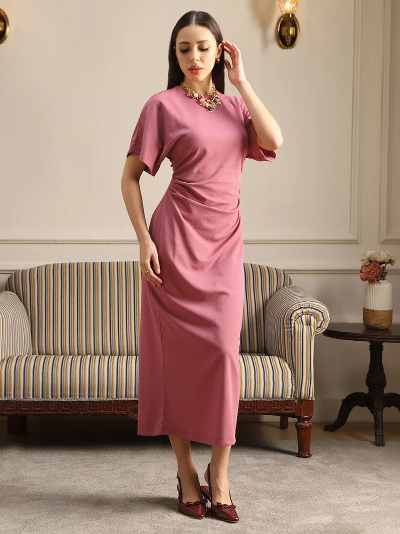globus Globus Women Pink Round Neck Extended Sleeves Pleated Midi Bodycon Workwear Dress