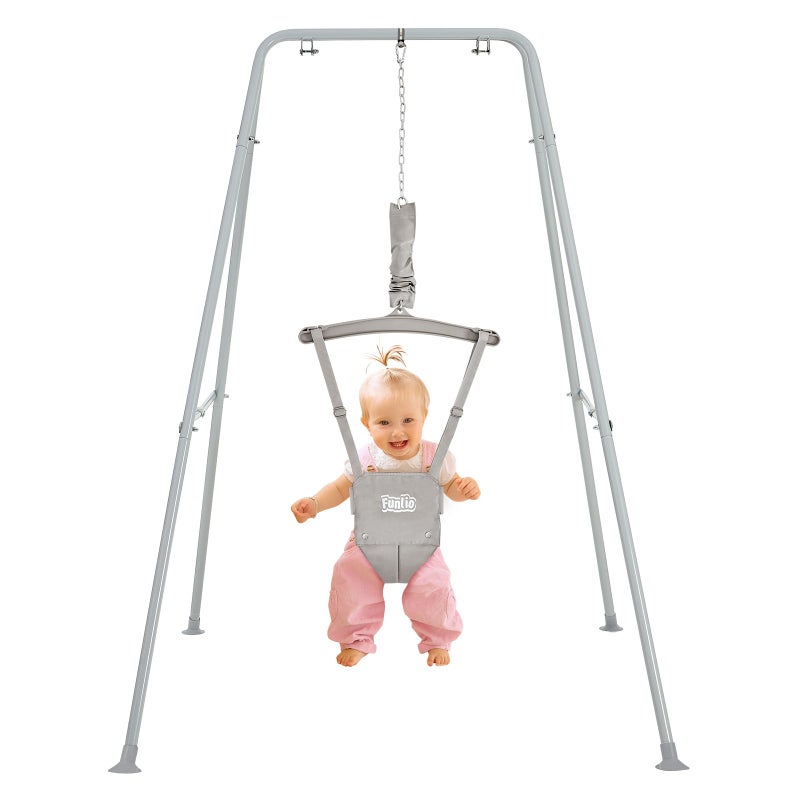 FUNLIO Baby Jumper with Stand for 624 Months Infant Jumper for IndoorOutdoor Play Toddler Jumper for Baby GirlBoy with Adjustable Chain Easy to Assemble Store with Stand Grey