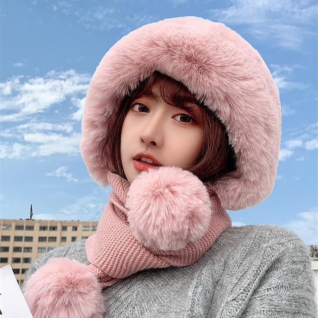 THE DDS STORE Winter Hat Scarf Set Knitted Winter Cap for Women Woolen Cap Attached with Mufflers for Girls & Ladies Stylish Soft Knitted Fleece Lined Pom-Pom Hat (in, Alpha, Free Size, Dark-Pink) - Image 3