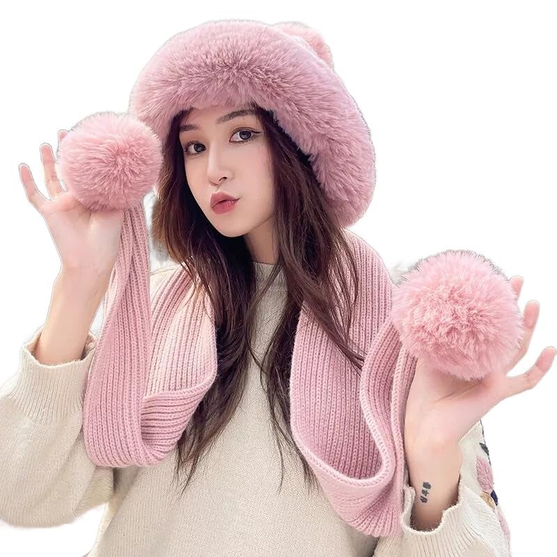 THE DDS STORE Winter Hat Scarf Set Knitted Winter Cap for Women Woolen Cap Attached with Mufflers for Girls & Ladies Stylish Soft Knitted Fleece Lined Pom-Pom Hat (in, Alpha, Free Size, Dark-Pink) - Image 1