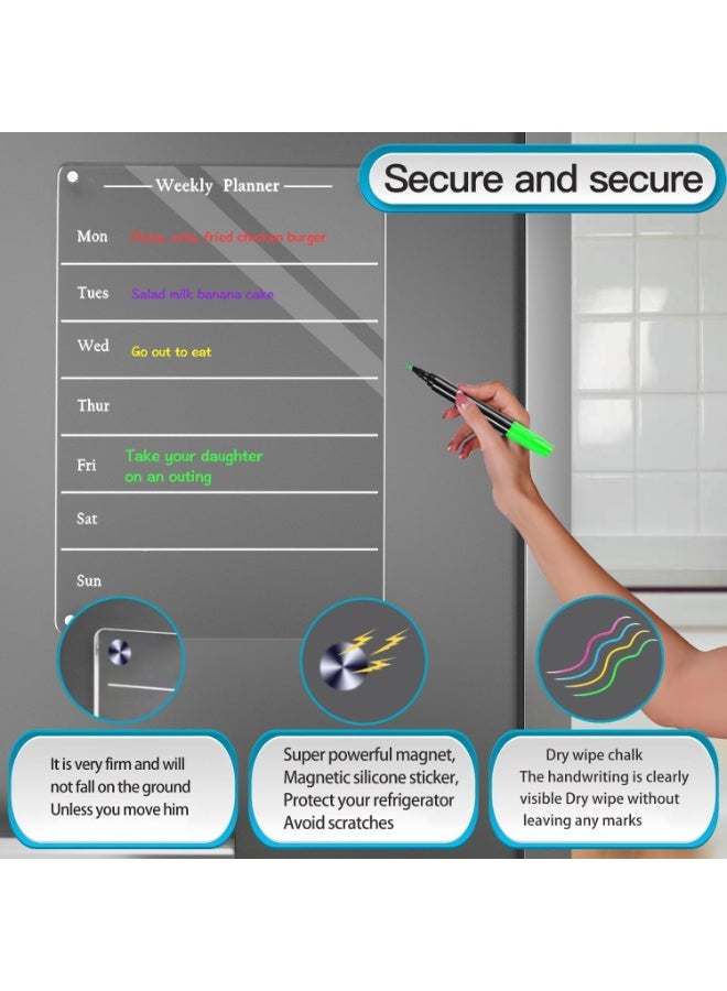 كازادورا منظم أسبوعي مغناطيسي للثلاجة من CAZADORA – عدد ٢ لوحات أكريليك شفافة قابلة للمسح – بحجم 22.9×33 سم – تثبيت مغناطيسي قوي – تشمل ٦ أقلام كتابة ملونة (أزرق، بنفسجي، أبيض) – تخطيط أسبوعي من الأحد إلى السبت – تصميم أنيق يندمج مع أي ديكور مطبخ – قابلة لإعادة الاستخدام وخالية من الأشباح وآثار الكتابة – مثالية للمنزل، المكتب، المدرسة – لتخطيط الوجبات، الجداول، قوائم التسوق، الملاحظات، وتتبع المهام – حبر واضح سريع الجفاف – سهلة المسح والتنظيف – تساعد في تنظيم الروتين اليومي للأطفال والعائلات – خيار هدية مثالي للأمهات والمعلمين والطلاب – صديقة للبيئة وبديل عملي للورق التقليدي – متينة وجاهزة للاستخدام اليومي - Image 4