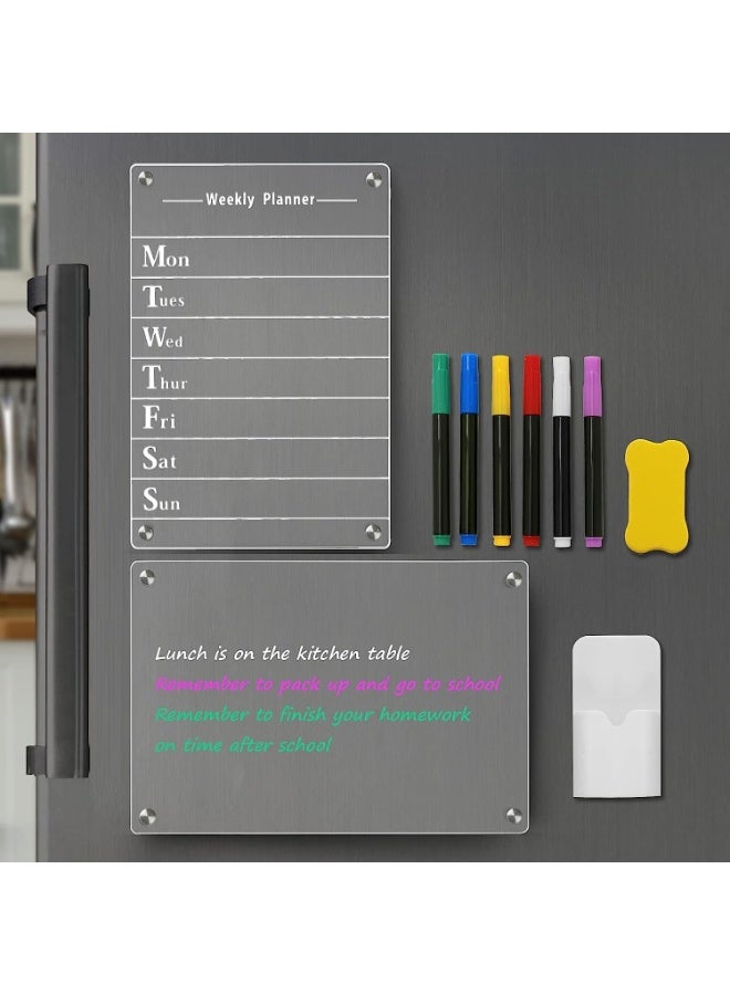 كازادورا منظم أسبوعي مغناطيسي للثلاجة من CAZADORA – عدد ٢ لوحات أكريليك شفافة قابلة للمسح – بحجم 22.9×33 سم – تثبيت مغناطيسي قوي – تشمل ٦ أقلام كتابة ملونة (أزرق، بنفسجي، أبيض) – تخطيط أسبوعي من الأحد إلى السبت – تصميم أنيق يندمج مع أي ديكور مطبخ – قابلة لإعادة الاستخدام وخالية من الأشباح وآثار الكتابة – مثالية للمنزل، المكتب، المدرسة – لتخطيط الوجبات، الجداول، قوائم التسوق، الملاحظات، وتتبع المهام – حبر واضح سريع الجفاف – سهلة المسح والتنظيف – تساعد في تنظيم الروتين اليومي للأطفال والعائلات – خيار هدية مثالي للأمهات والمعلمين والطلاب – صديقة للبيئة وبديل عملي للورق التقليدي – متينة وجاهزة للاستخدام اليومي - Image 1
