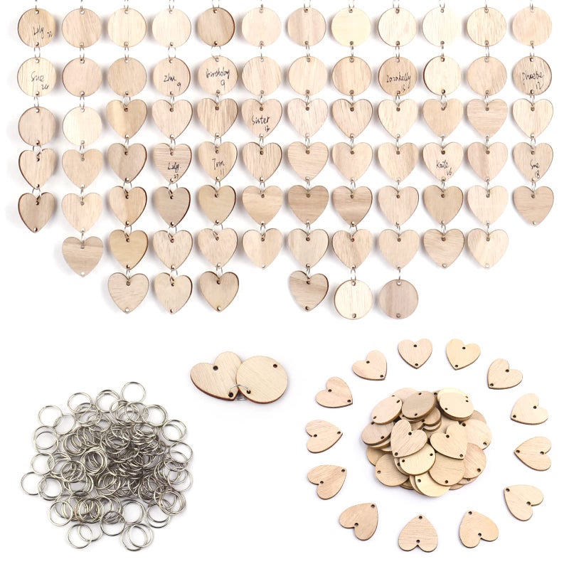 KOYILTD KOYILTD 200 Pieces in Total Wooden Circles Wooden Heart Tags with HolesWood Craft Set with Holes and Ring Clips for Birthday Board Valentine Chore Boards Arts and Crafts Tags 200 Pieces