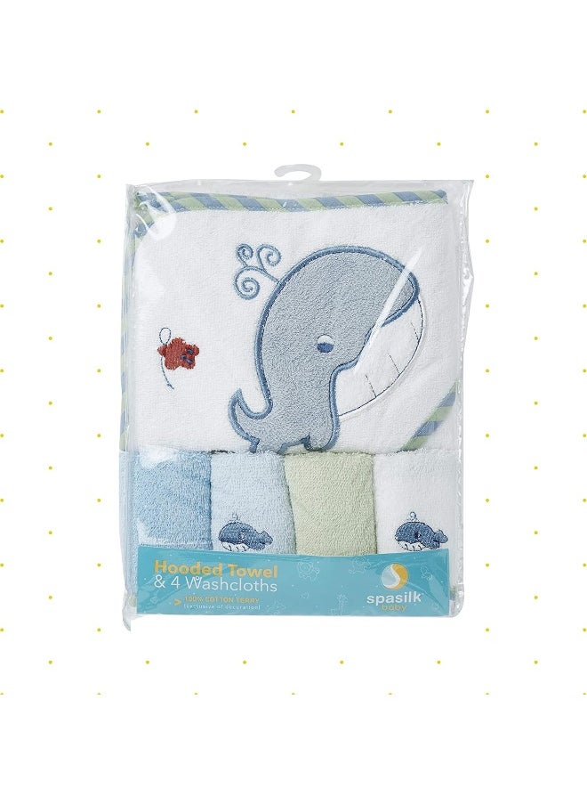 Spasilk Spasilk Bath Hooded Towels & Washcloths Set for Babies, Hooded Terry Bath Towel & 4 Washcloths, Blue  - Image 3