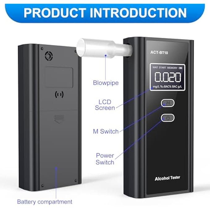 rayihni Portable Alcohol Test with LCD Digital Display Breathalyzer with 10 Mouthpieces Rechargeable Breathalyser Professional Non-Contact Breathalyser for Outdoor Patry - Image 3