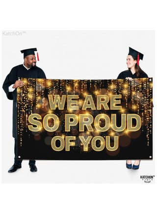 We Are So Proud of You Banner - 72x44 Inch | Black and Gold Congratulations Banner for 2025 Graduation Party Decorations - view 5