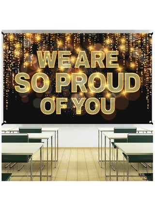 We Are So Proud of You Banner - 72x44 Inch | Black and Gold Congratulations Banner for 2025 Graduation Party Decorations - view 2