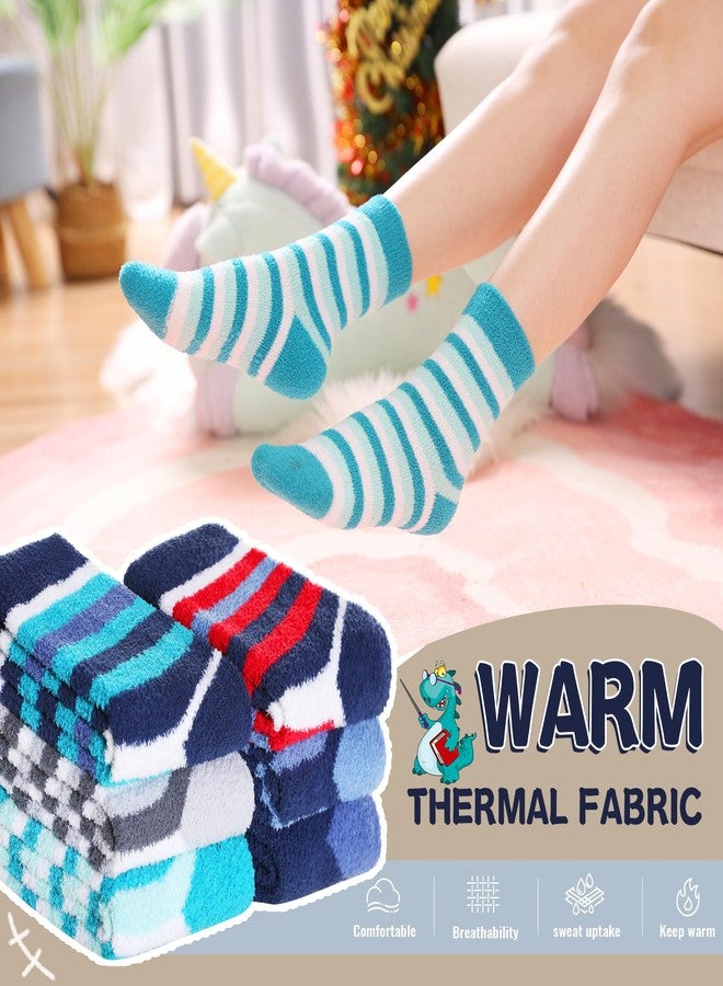 SEEYAN Kids Fuzzy Slipper Grip Socks Boys Girls Non Slip Winter Thick Fluffy Warm Soft Plush Thermal Crew Socks 6 Pairs (8-12 Years, 6 Pairs Stripe) - Image 2