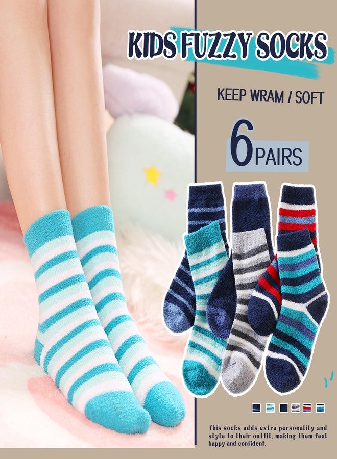 SEEYAN Kids Fuzzy Slipper Grip Socks Boys Girls Non Slip Winter Thick Fluffy Warm Soft Plush Thermal Crew Socks 6 Pairs (8-12 Years, 6 Pairs Stripe) - Image 4
