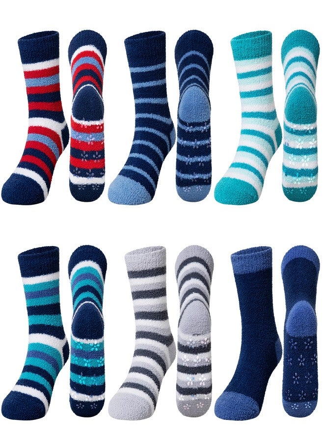 SEEYAN Kids Fuzzy Slipper Grip Socks Boys Girls Non Slip Winter Thick Fluffy Warm Soft Plush Thermal Crew Socks 6 Pairs (8-12 Years, 6 Pairs Stripe) - Image 1