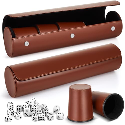 Liliful 2 Set Leather Dice Cups Include 10 Leather Game Cups 50 Dice and 2 Storage Case with Magnetic Closure Liars Game Gift for Party Craps BackgammonDark Brown - Image 1