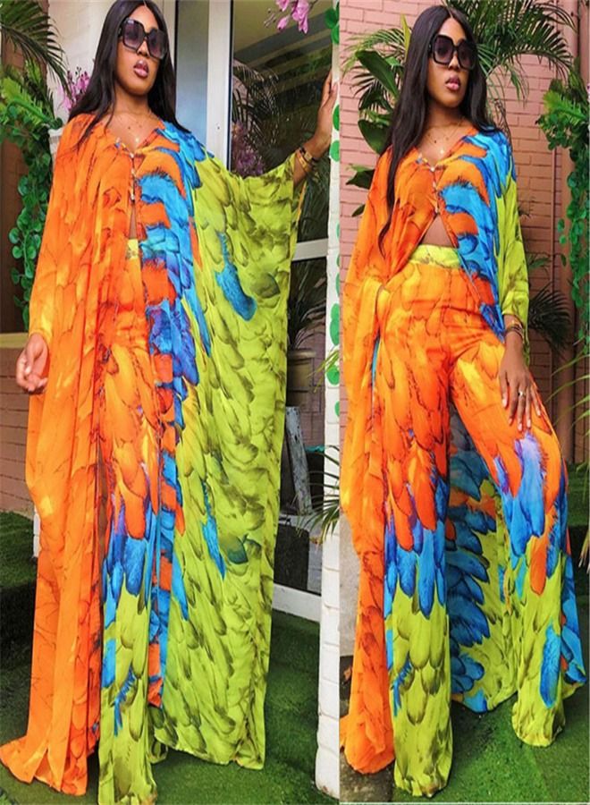 Loquat Chiffon Cardigan Loose Oversized Trousers Two-Piece Suit Abaya Multicolour