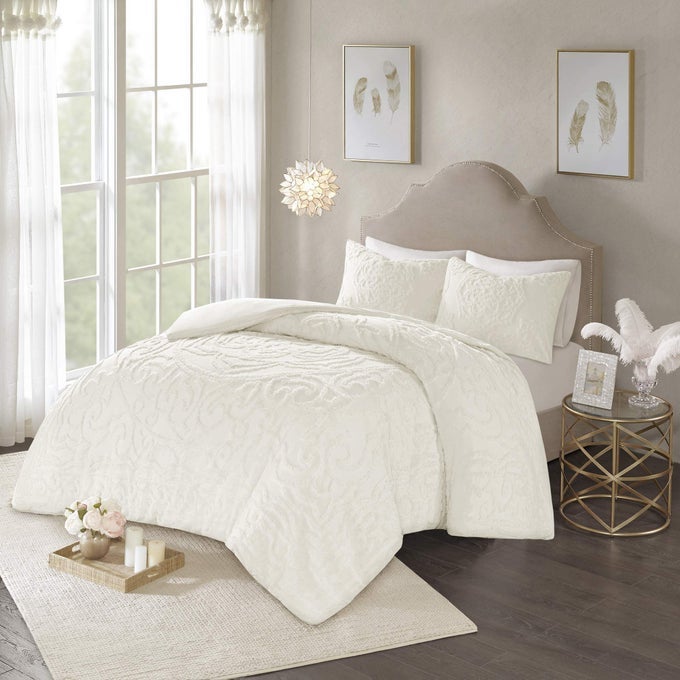 LAETITIA 100 COTTON DUVET SET CHENILLE TUFTED MEDALLION DESIGN ALL SEASON COZY BEDDING SHABBY CHIC COMFORTER COVER MATCHING SHAMS FLORAL OFF WHITE KINGCAL KING104X92 3 PIECE