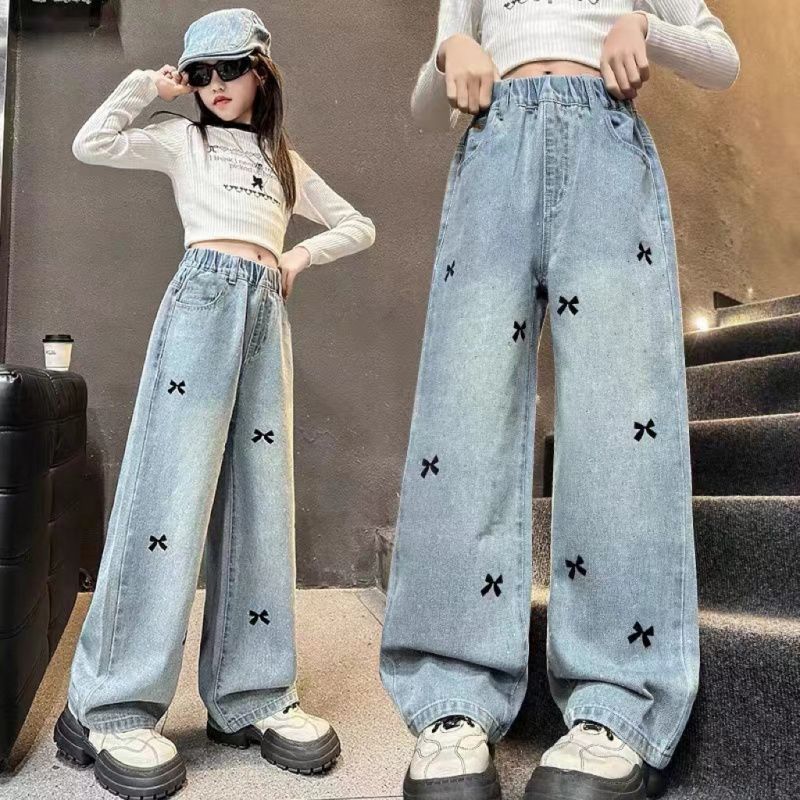 Girls' Jeans New Style Medium And Large Children'S Fashionable Versatile Casual Loose Girls' Straight Wide-Leg Pants - Image 1