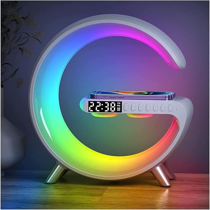 Wireless Speaker Lamp with RGB Color Changing Space Lamp, Alarm Clock and 10W Wireless Charger, G Style for Bedroom (Large) - Image 1