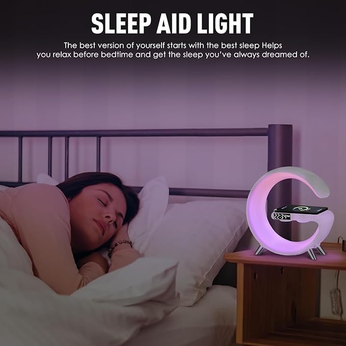 Wireless Speaker Lamp with RGB Color Changing Space Lamp, Alarm Clock and 10W Wireless Charger, G Style for Bedroom (Large) - Image 3