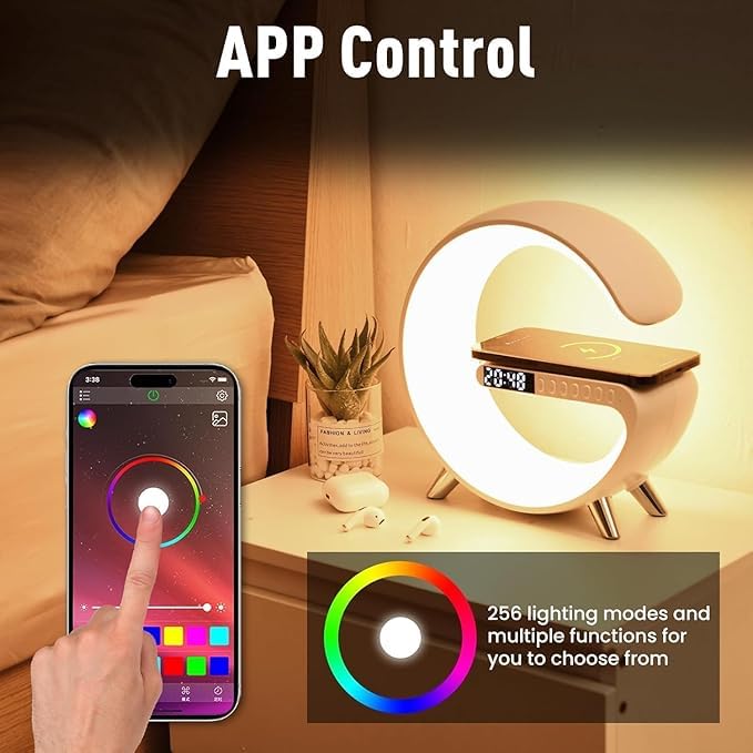 Wireless Speaker Lamp with RGB Color Changing Space Lamp, Alarm Clock and 10W Wireless Charger, G Style for Bedroom (Large) - Image 5