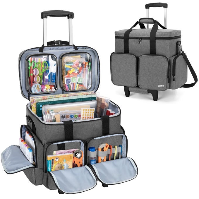 ROLLING SCRAPBOOK TOTE WITH PADDED LAPTOP SLEEVE WHEELED SCRAPBOOK SUPPLIES STORAGE BAG WITH DETACHABLE TROLLEY AND BOTTOM WOODEN BOARD ROLLING CRAFT BAG FOR SCRAPBOOKING SUPPLIES GREY
