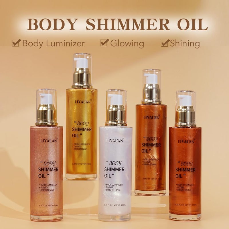 Liyalan Shimmer Body Oil 5 Color Gold 3.38 Fl Oz Face Glow Pearl Highlighter Illuminator Body Makeup Shine Glitter Gold Liquid Taning - Image 2