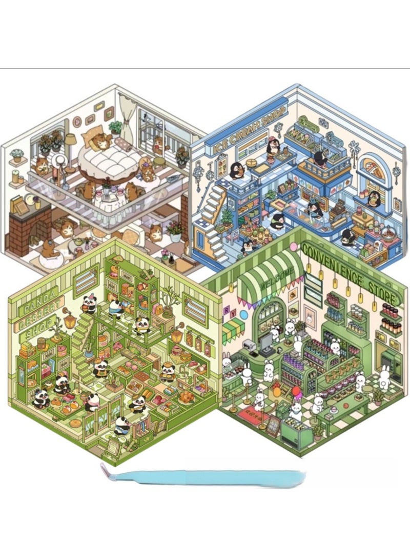 DIY 3D House Stickers DIY 3D House Sticker 4 Sets 3D Sticker Scene Make Your Own Mini Room Scenes Supermarket Coffee Shop Restaurant Bookstore for Adult Kids Relief Stress Pass The Time