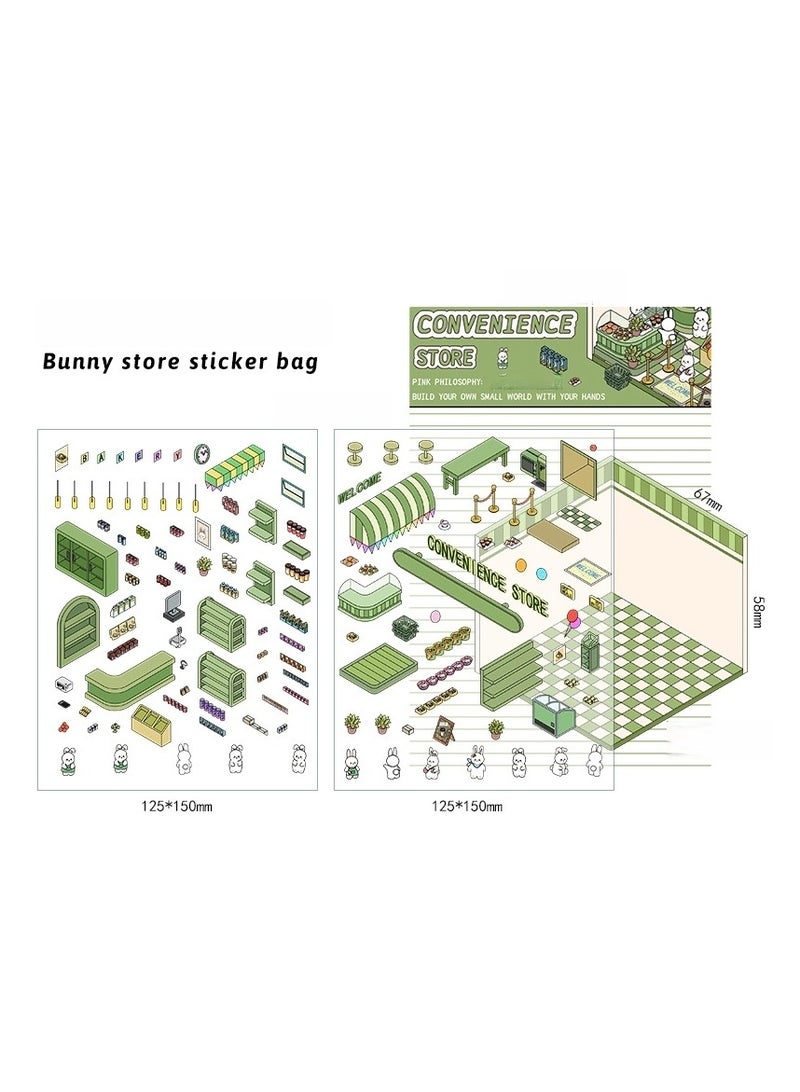 DIY 3D House Stickers DIY 3D House Sticker 4 Sets 3D Sticker Scene Make Your Own Mini Room Scenes Supermarket Coffee Shop Restaurant Bookstore for Adult Kids Relief Stress Pass The Time