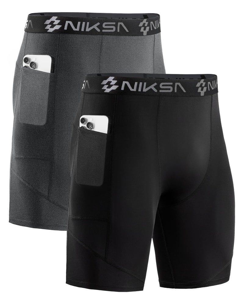 Niksa 1/2/3Pack Mens Compression Shorts with Pocket, Performance Spandex Athletic Sports Workout Running Underwear Shorts - Image 1