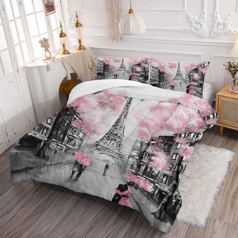 kxry Pink Paris Eiffel Tower Comforter Set Full Size French Style Couple Lover Flower Bedding Sets for Girls Women Kids Quilted Duvet 1 Comforter + 2 Pillow Cases - Image 4