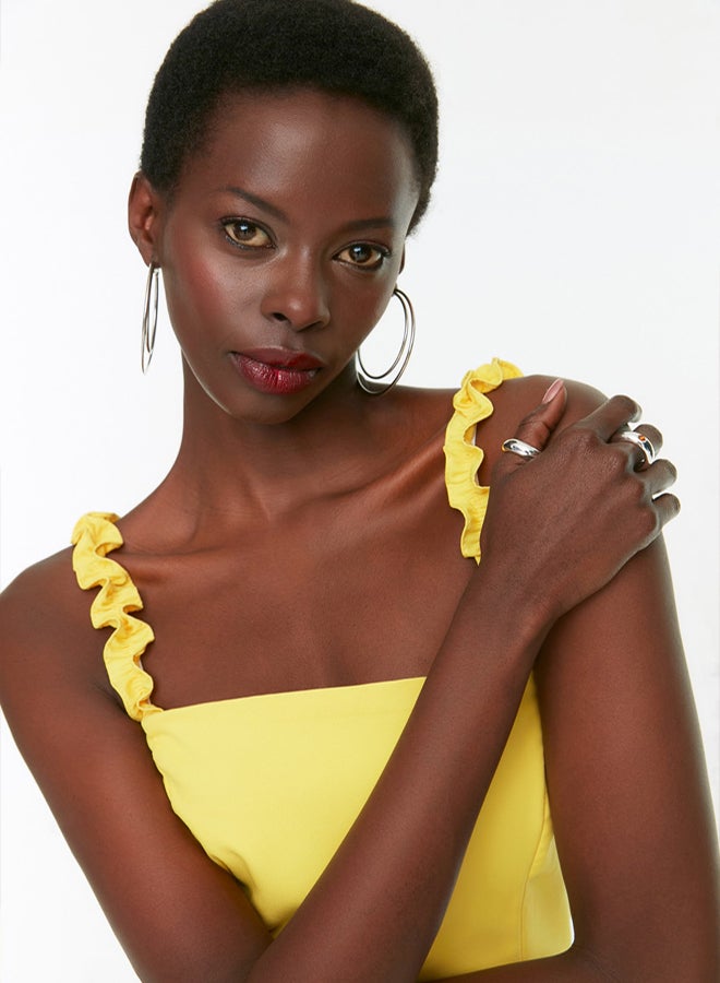 trendyol Yellow A-line Square Collar Strap Detailed Mini Woven Dress TWOSS22EL2175 - Image 2