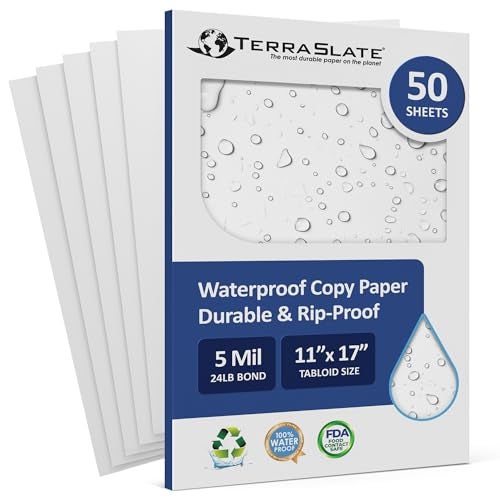 TerraSlate Waterproof Paper, Rip-Proof Paper, 50 Sheets, 5 Mil (24lb Bond), 11” x 17”, Laser Printer and Copy Machine Compatible - Image 1
