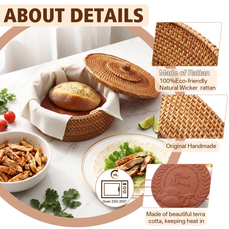 LemonRoad 3 Pcs Bread Warmer Basket with Warming Stone and Towel Sets Includes Bread Basket with Lid Clay Warmer Stones and Linen Towel for Winter Daily Camping Food Warming Housewarming Gifts - Image 3