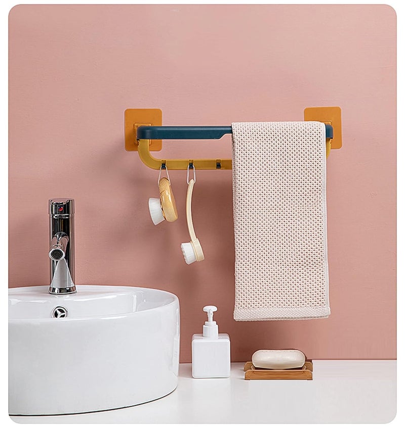 HMV MALL Plastic Towel Rack Wall Mounted Double Bar Towel Holder with Hooks Adjustable Towels Hanger for Kitchen Bathroom Multifunctional Folding Towel Shelf Random Color - Image 1