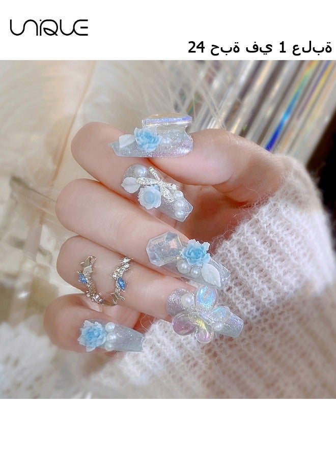 Unique 24Pcs Fake Nails, Press Nails, Mid-Almond Manicure - Sparkling Diamond Pearl Manicure - Gradient Blue Peony Butterfly Manicure - Fake Nail Patch - Image 1