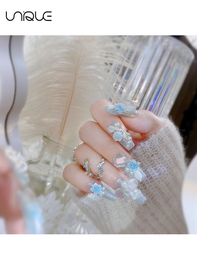Unique 24Pcs Fake Nails, Press Nails, Mid-Almond Manicure - Sparkling Diamond Pearl Manicure - Gradient Blue Peony Butterfly Manicure - Fake Nail Patch - Image 3