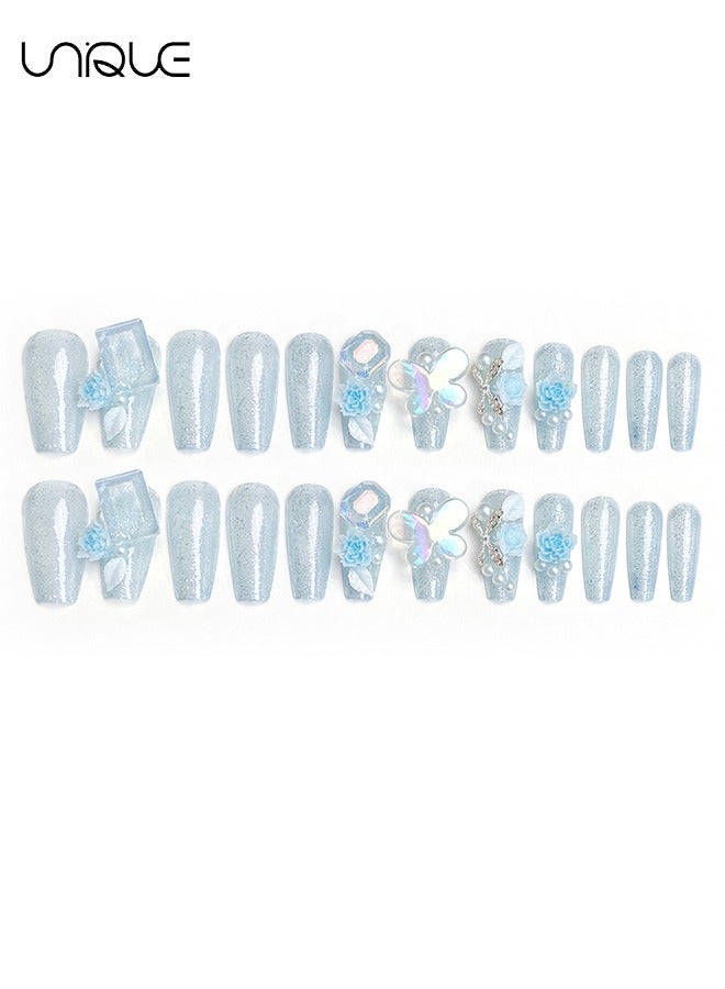 Unique 24Pcs Fake Nails, Press Nails, Mid-Almond Manicure - Sparkling Diamond Pearl Manicure - Gradient Blue Peony Butterfly Manicure - Fake Nail Patch - Image 5