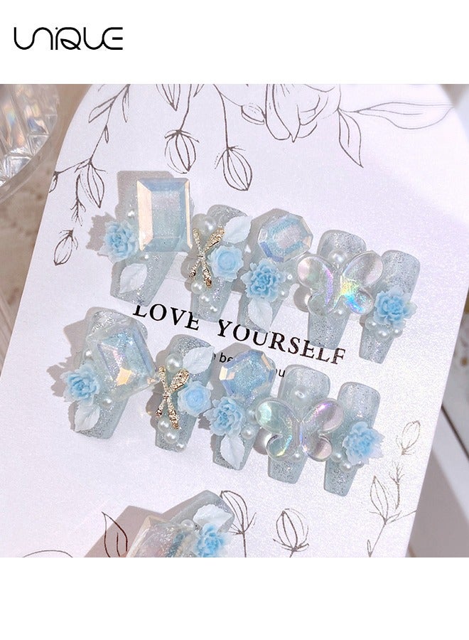 Unique 24Pcs Fake Nails, Press Nails, Mid-Almond Manicure - Sparkling Diamond Pearl Manicure - Gradient Blue Peony Butterfly Manicure - Fake Nail Patch - Image 4