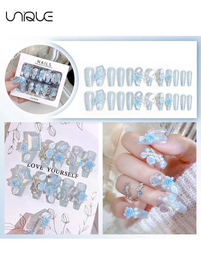 Unique 24Pcs Fake Nails, Press Nails, Mid-Almond Manicure - Sparkling Diamond Pearl Manicure - Gradient Blue Peony Butterfly Manicure - Fake Nail Patch - Image 2