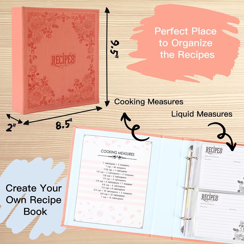 COFACE Recipe Binder – Recipe Book to Write in Your Own Recipes,8.5x9.5 Recipe Ring Binder with PU Faux Leather Cover, 4x6 Cards and Tabbed Dividers, Pink - Image 4
