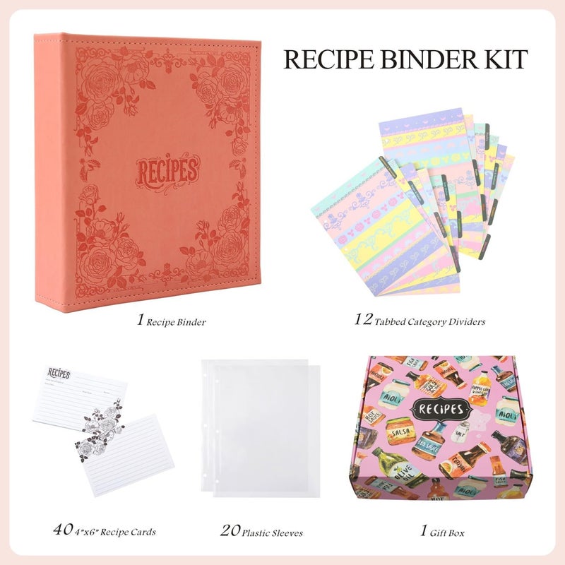 COFACE Recipe Binder – Recipe Book to Write in Your Own Recipes,8.5x9.5 Recipe Ring Binder with PU Faux Leather Cover, 4x6 Cards and Tabbed Dividers, Pink - Image 2