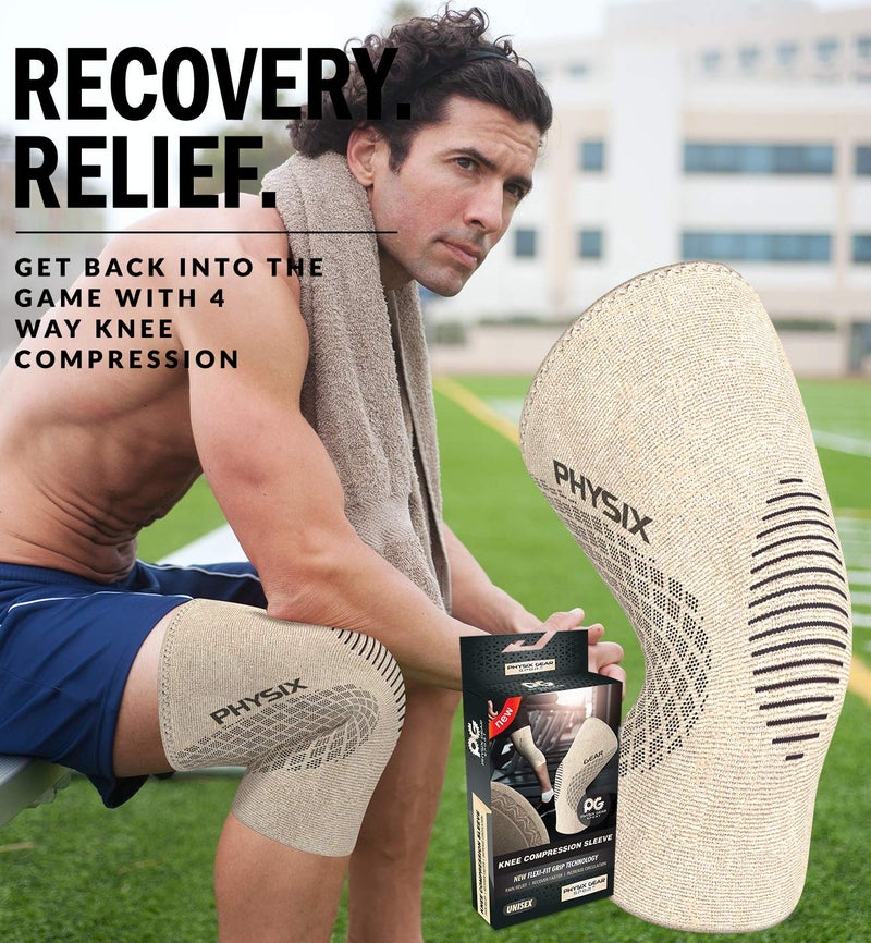 Physix Gear Sport دعامة دعم الركبة PHYSIX GEAR - سترة استرداد وضغط متميزة لتمزق الغضروف الهلالي، ACL، MCL للجري والتهاب المفاصل - أفضل لفائف مثبتة من النيوبرين لتمارين كروس فيت، القرفصاء والتمارين (بيج S) - Image 3