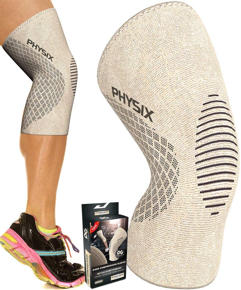 Physix Gear Sport دعامة دعم الركبة PHYSIX GEAR - سترة استرداد وضغط متميزة لتمزق الغضروف الهلالي، ACL، MCL للجري والتهاب المفاصل - أفضل لفائف مثبتة من النيوبرين لتمارين كروس فيت، القرفصاء والتمارين (بيج S) - Image 1