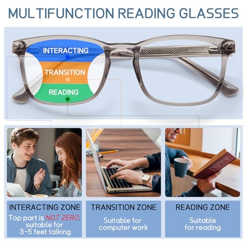 DEHOTRE Progressive Multifocus Reading Glasses No Line Bifocal Blue Light Blocking Readers for Men Metal Spring Hinge Eyeglasses Near Workspace Grey 1.25 - Image 2