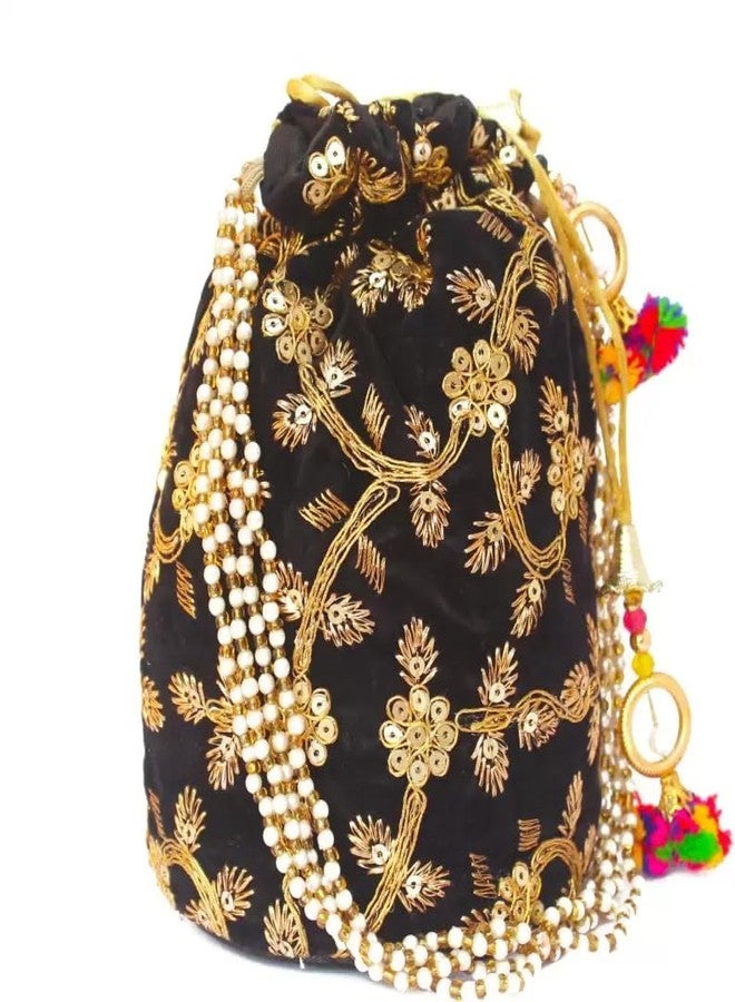 Nyfee Raw-Silk Designer Potli Bag for women with Golden Embroidery and Pearl Handle Tassel. (Black)