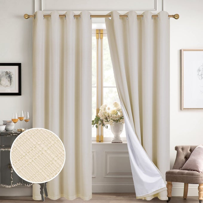 100 BLACKOUT CURTAINS LIGHT BEIGE LINEN CURTAINS FOR BEDROOM GROMMET THERMAL INSULATED ROOM DARKENING DRAPES 2 PANELS W52 X L84 INCH