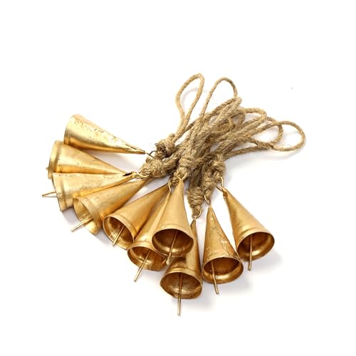 DULI Pack of 10 Rustic Mini Bell – Vintage Brass Hanging Bells for Decor & Craft (Wholesale), Wall Art, Diwali Decor, Home Decor Hanging Bells (Packof10: ConeBellswithRope) - Image 1