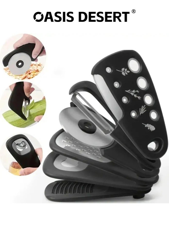 صحراء الواحة مجموعة أدوات المطبخ، 6 قطع، أدوات طهي موفرة للمساحة، ملحقات مطبخ - مقشرة فواكه/خضراوات، مبشرة جبن/شوكولاتة، فتاحة زجاجات، قطاعة بيتزا، ثوم/زنجبيل، تقطيع الخضراوات (أسود) - Image 1